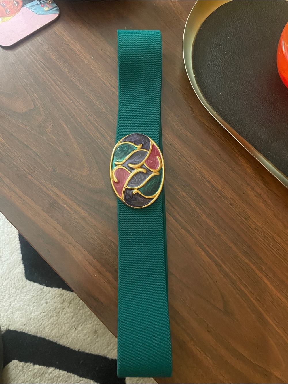 Vintage Nan Lewis Women's Green Stretch Belt with Colorful Enamel Buckle